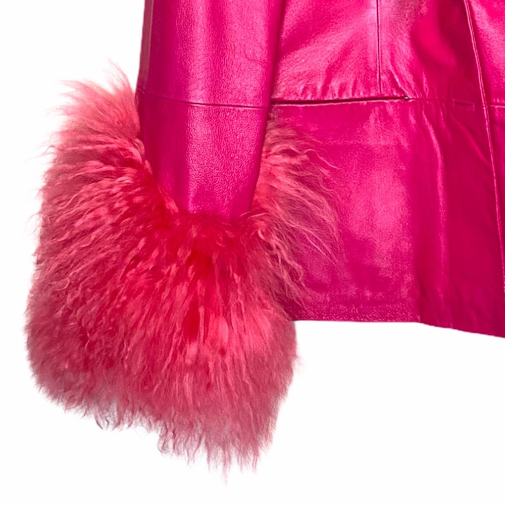 Genuine leather pink mongolian fur trim jacket - Picture 3 of 8